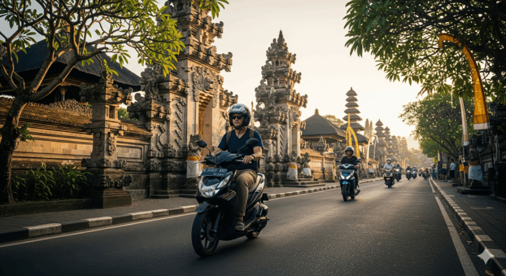 Bali pays dangereux, un voyageur sur scooter dans une rue animée